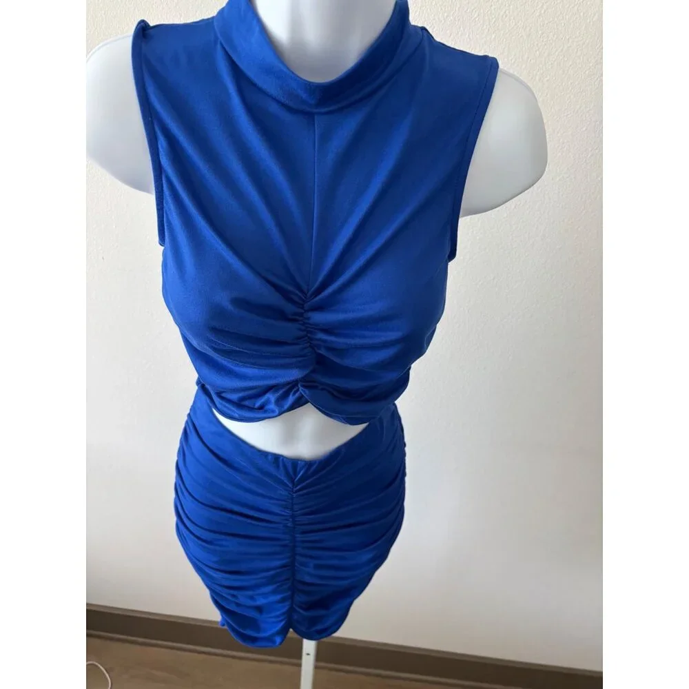 Skirt & Crop Top Set Large BodyCon Blue Ruched Y2K Glam Cyber Grunge Festival - Picture 12 of 15